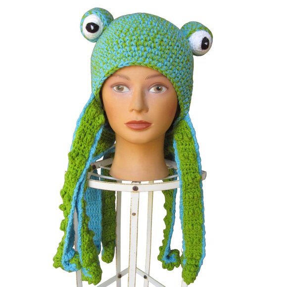 Squid w Long Tentacles Green Blue Crochet Costume Hat Halloween Adult OSFM - Picture 1 of 6